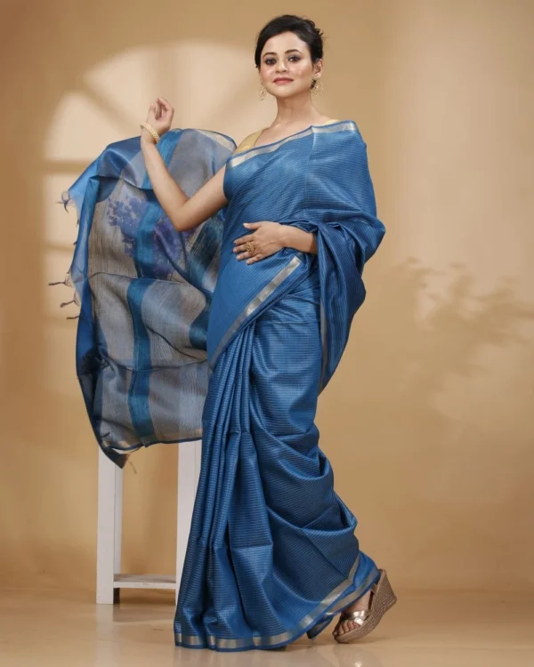 Zari Border Royal Blue Munga Silk with Kantha Stripes Saree