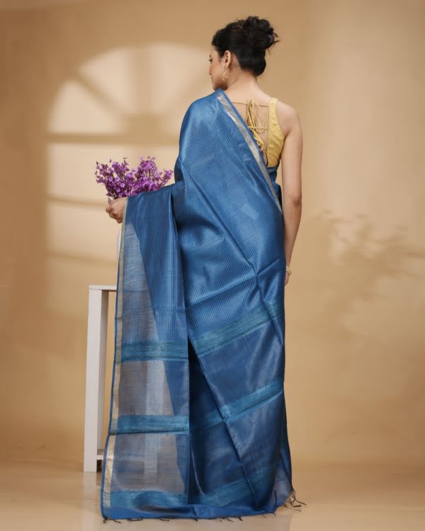 Zari Border Royal Blue Munga Silk with Kantha Stripes Saree