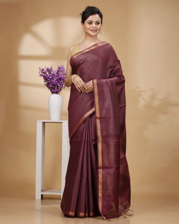 Zari Border Wine Color Munga Silk With Weaved Kantha Stripes Saree