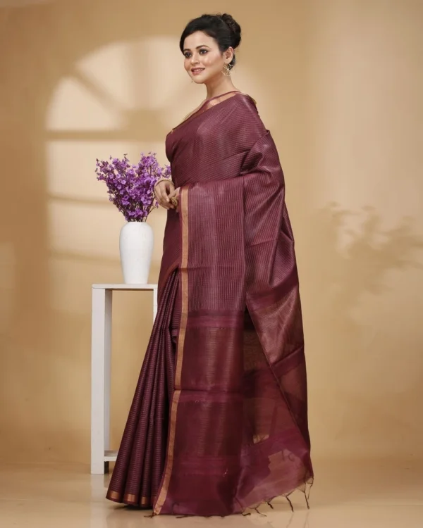 Zari Border Wine Color Munga Silk with Weaved Kantha Stripes Saree