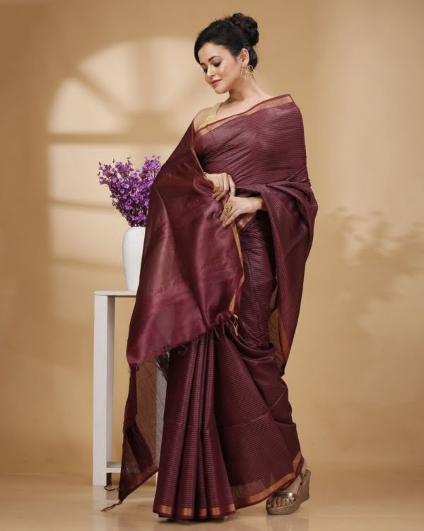 Zari Border Wine Color Munga Silk with Weaved Kantha Stripes Saree