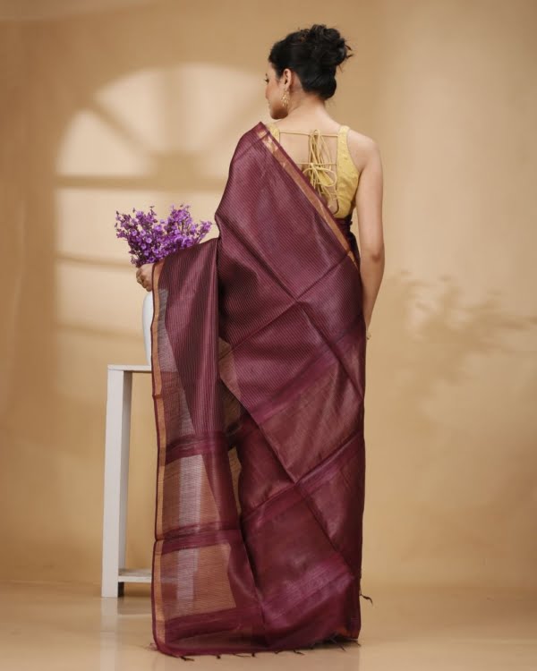 Zari Border Wine Color Munga Silk With Weaved Kantha Stripes Saree