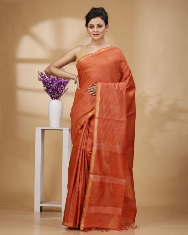 Zari Border Orange Color Munga Silk with Kantha Stripes Saree