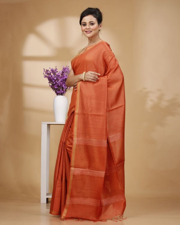 Zari Border Orange Color Munga Silk with Kantha Stripes Saree