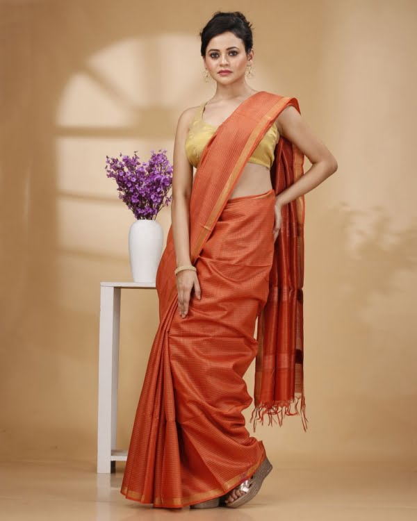 Zari Border Orange Color Munga Silk with Kantha Stripes Saree