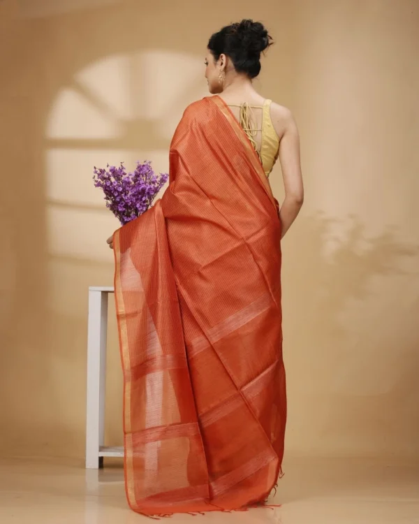 Zari Border Orange Color Munga Silk with Kantha Stripes Saree