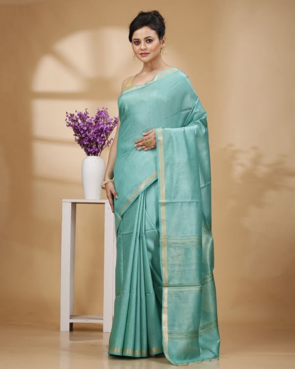 Zari Border Mosh Green Munga Silk with Kantha Stripes Saree