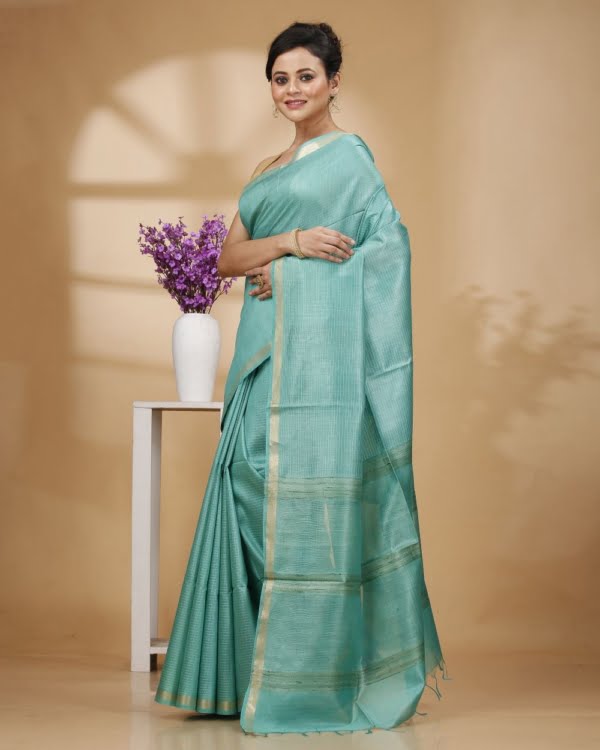 Zari Border Mosh Green Munga Silk with Kantha Stripes Saree