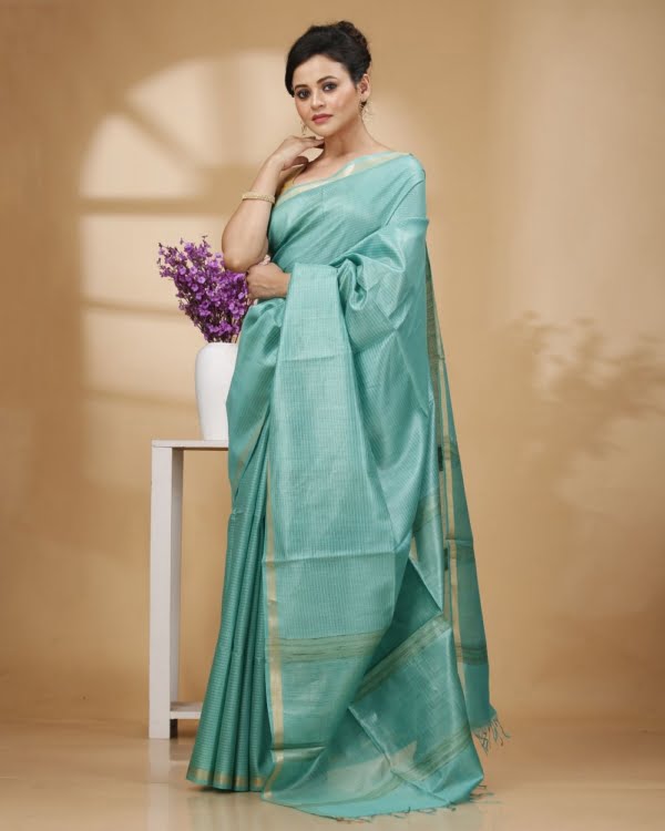 Zari Border Mosh Green Munga Silk with Kantha Stripes Saree