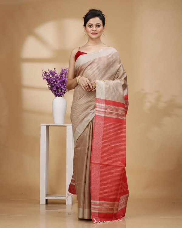 Red Weaved Stripes On Baige Colour Saree with Red Designer Pallu