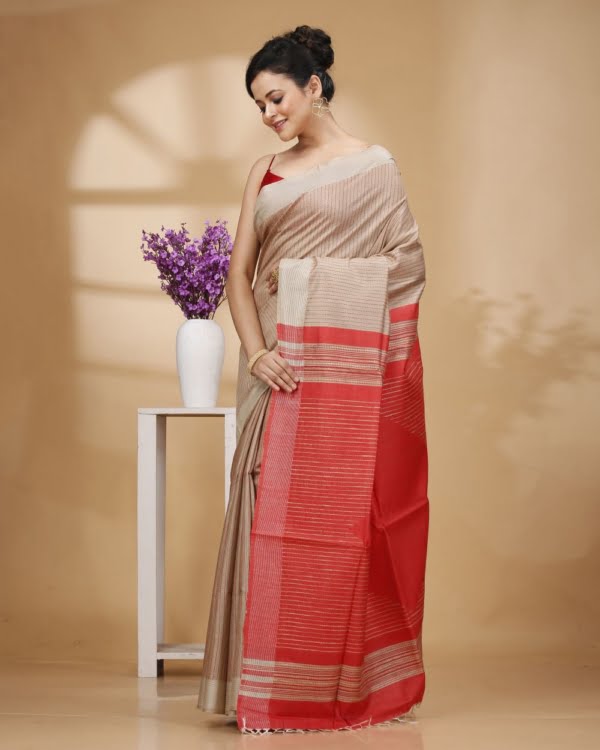 Red Weaved Stripes On Baige Colour Saree with Red Designer Pallu