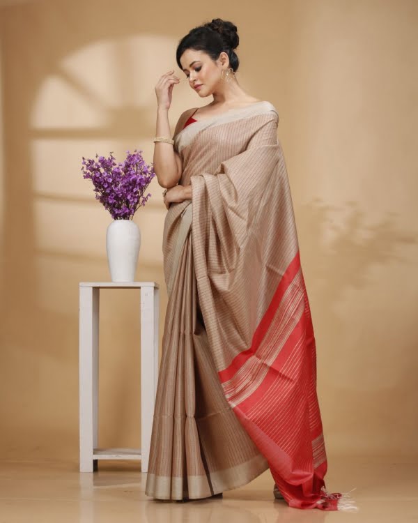 Red Weaved Stripes On Baige Colour Saree with Red Designer Pallu