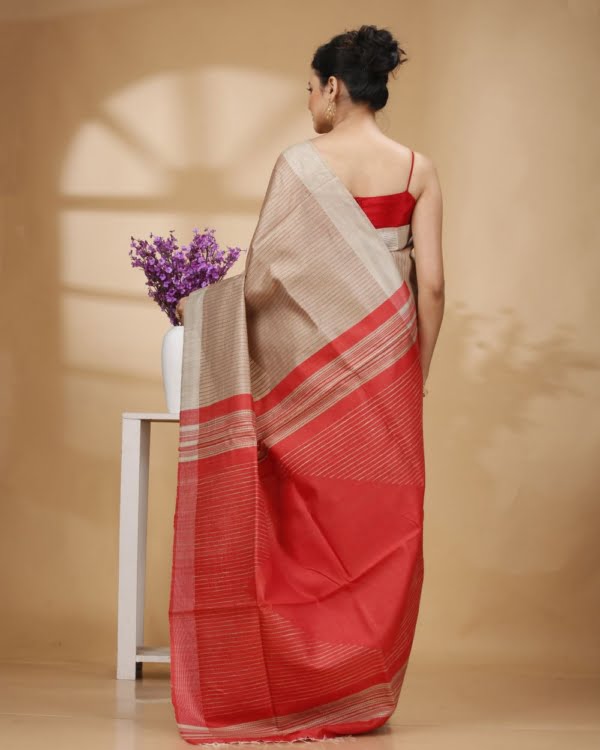 Red Weaved Stripes On Baige Colour Saree with Red Designer Pallu