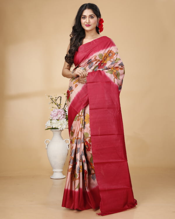 Nakshipar Red Border Handpainted Flowar Design Tussar Saaree with Red Pallu