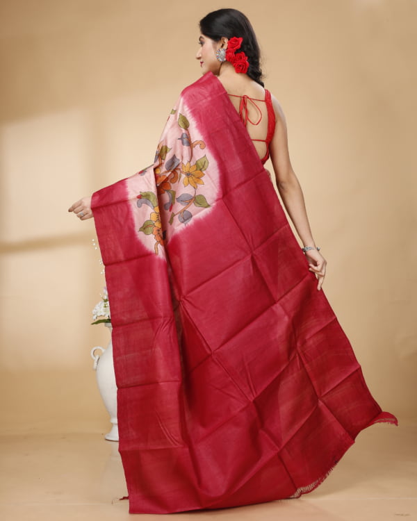 Red Border Handpainted Flowar Design Tussar Saaree with Red Pallu