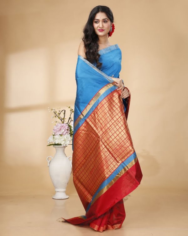 Blue with Corner to Corner Red Temple Dupian Silk and Red Designer Pallu