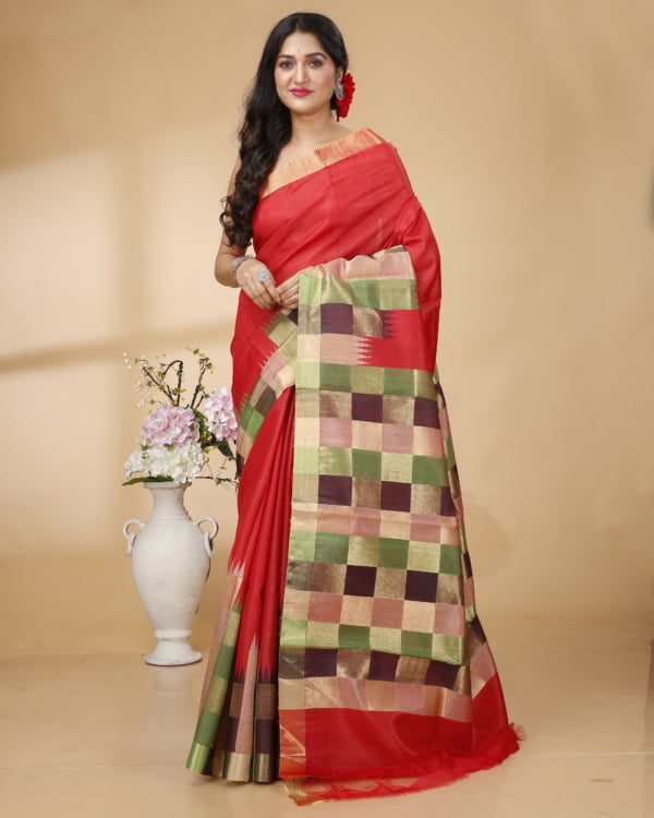 Nakshipar Multicolour weaved Border and Pallu with Red Tussar saree