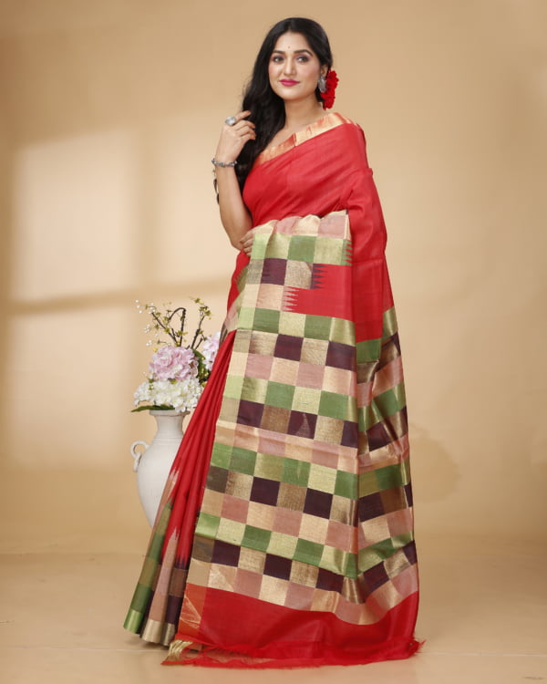 Multicolour Weaved Border and Pallu with Red Tussar Saree