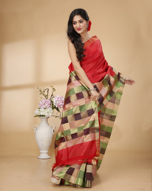 Nakshipar Multicolour weaved Border and Pallu with Red Tussar saree