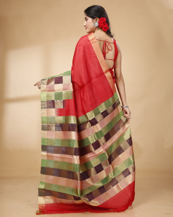 Nakshipar Multicolour weaved Border and Pallu with Red Tussar saree