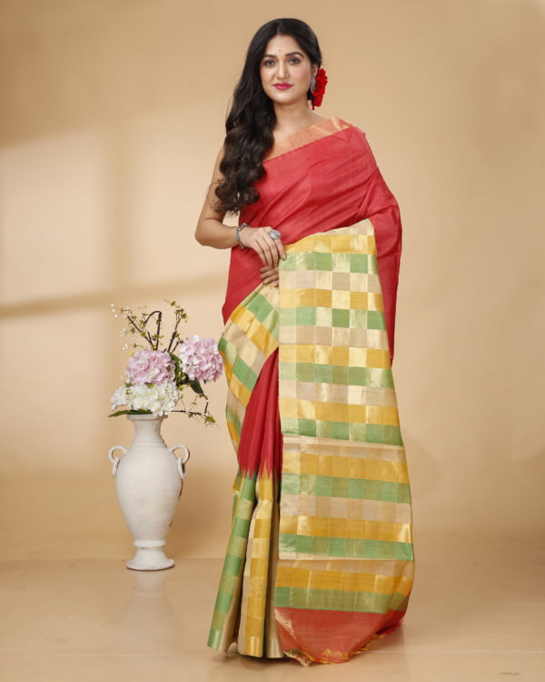 Nakshipar Multicolour weaved Border and Pallu with Red Tussar saree