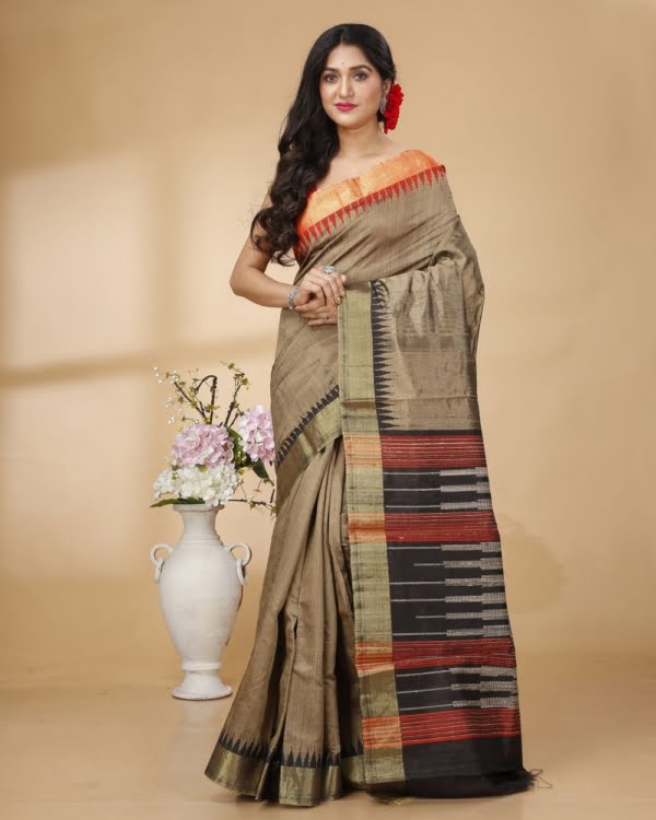 Nakshipar Dupian Silk with Black and Orange Temple Border and Designer Pallu