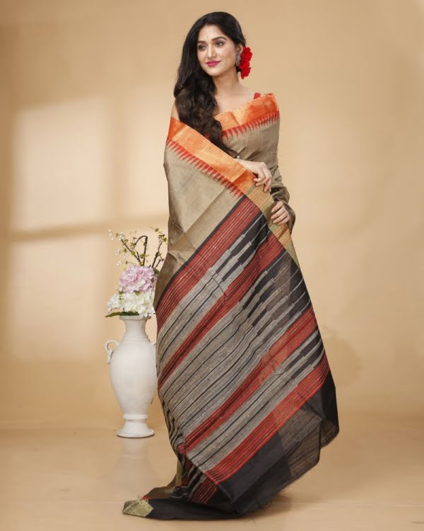 Nakshipar Dupian Silk with Black and Orange Temple Border and Designer Pallu