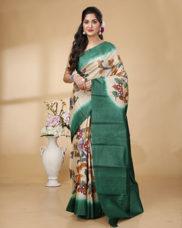 Nakshipar Green Border Handpainted Flowar Design Tussar Saaree with Green Pallu