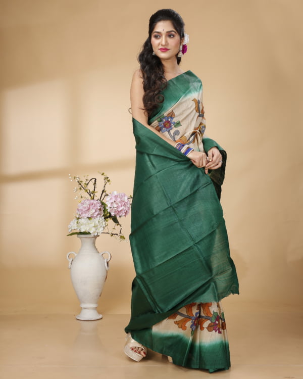 Nakshipar Green Border Handpainted Flowar Design Tussar Saaree with Green Pallu