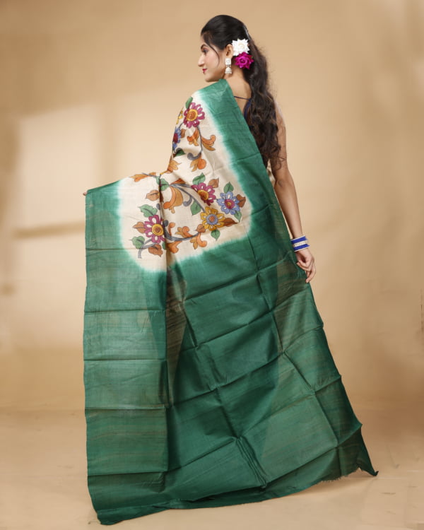 Green Border Handpainted Flowar Design Tussar Saaree with Green Pallu