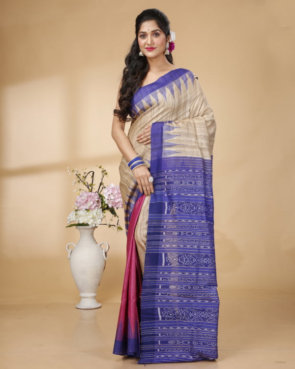 Nakshipar Pink and Baige half and half with Blue Temple Border Tussar saree