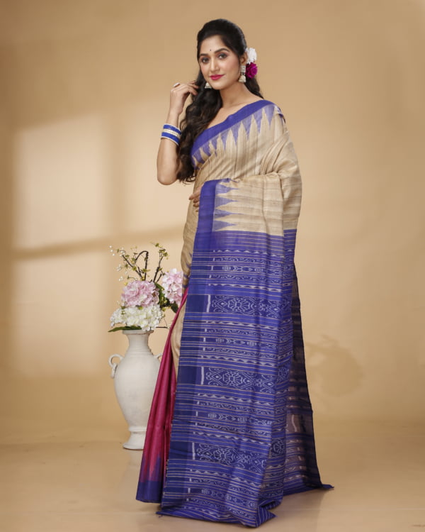 Nakshipar Pink and Baige half and half with Blue Temple Border Tussar saree