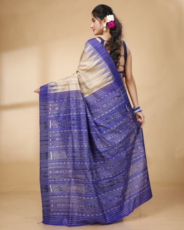 Pink and Baige Half and Half with Blue Temple Border and Blue Ikkat Pallu Saree