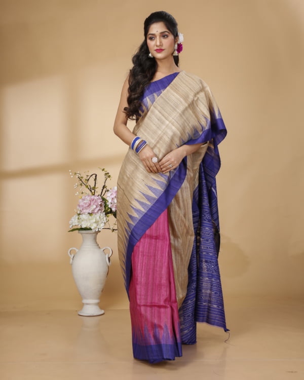 Nakshipar Pink and Baige half and half with Blue Temple Border Tussar saree