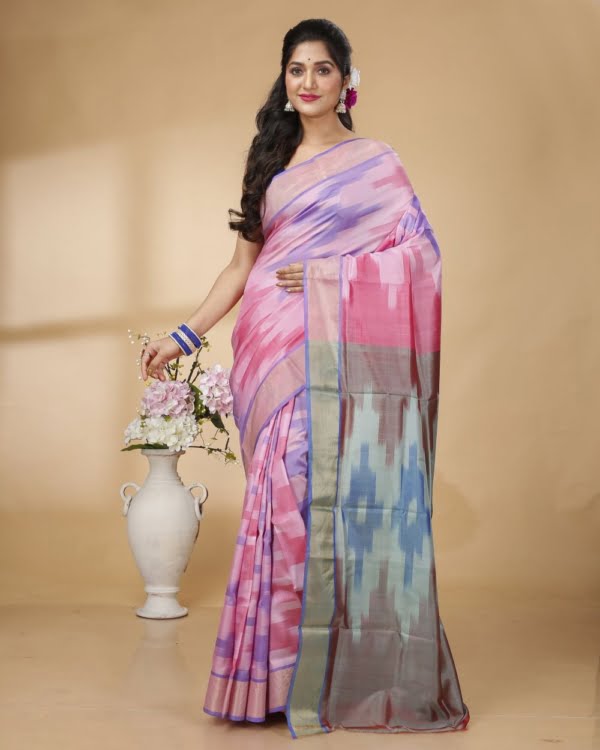 Nakshipar Baby Pink, Deep Pink and Purple Katki Design Bishnupur Silk with stal Gray Pallu