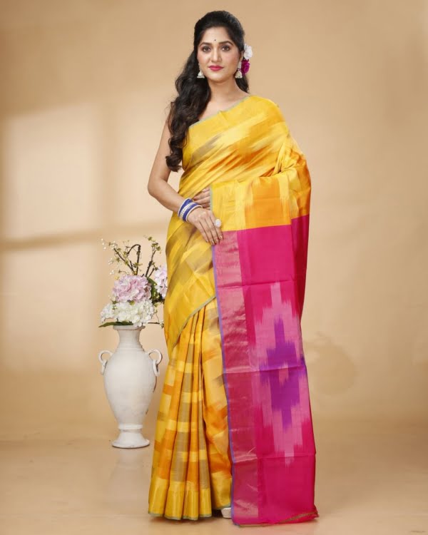 Nakshipar Yellow, Deep Gray, Orange Katki Design Bishnupur Silk With Deep Pink Pallu