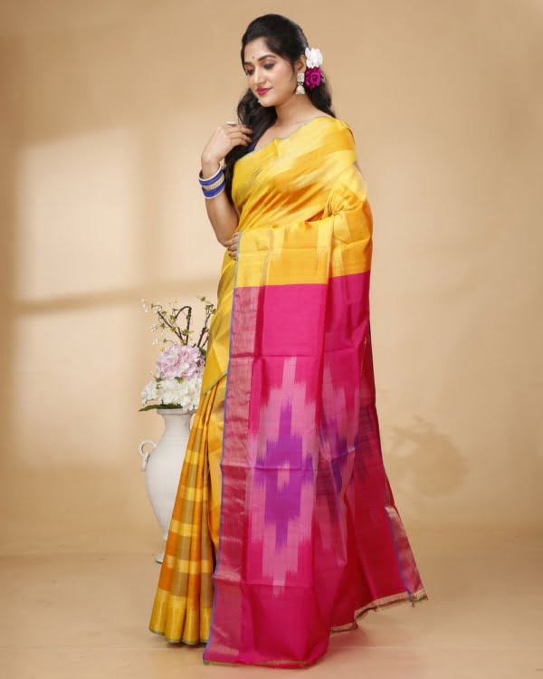 Yellow, Deep Gray, Orange Katki Design Bishnupur Silk With Deep Pink Pallu