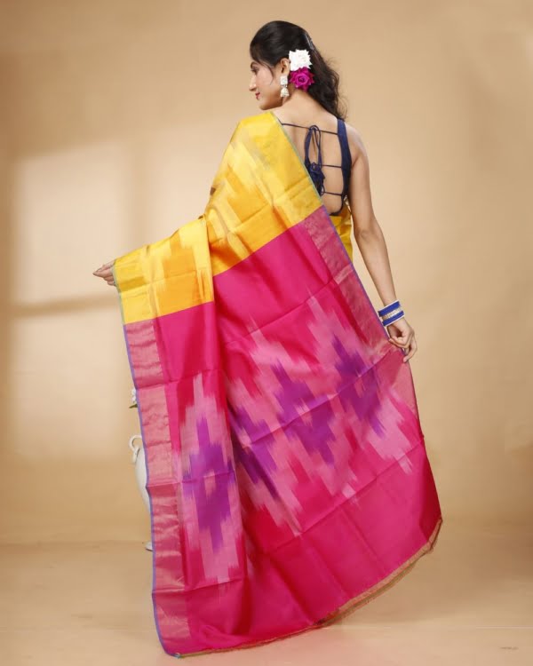 Nakshipar Yellow, Deep Gray, Orange Katki Design Bishnupur Silk With Deep Pink Pallu