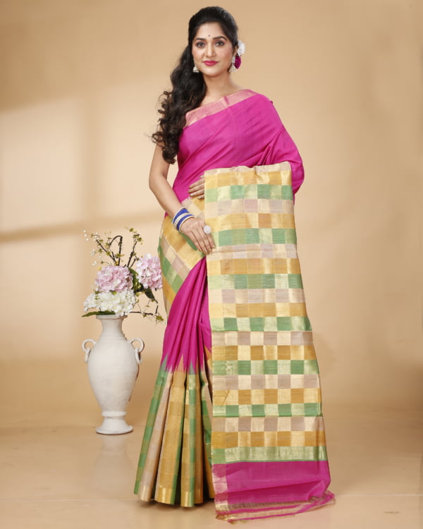 Nakshipar Multicolour weaved Border and Pallu with Magenta Tussar saree