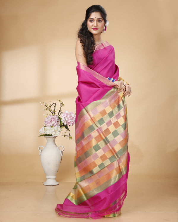 Nakshipar Multicolour weaved Border and Pallu with Magenta Tussar saree