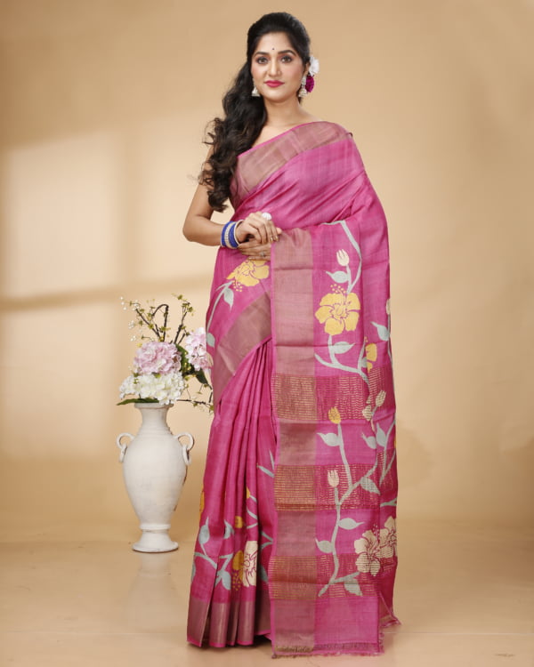 Nakshipar Zari border with Purple, Gray and Yellow floral Design Tussar saree