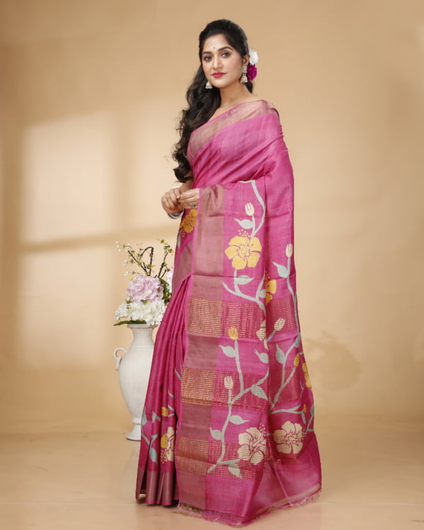 Zari Border with Purple, Grey and Yellow floral Design Tussar Saree