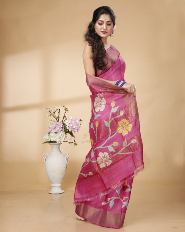 Nakshipar Zari border with Purple, Gray and Yellow floral Design Tussar saree