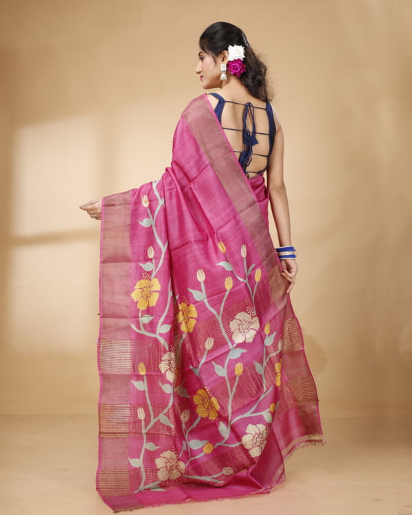 Zari Border with Purple, Grey and Yellow floral Design Tussar Saree