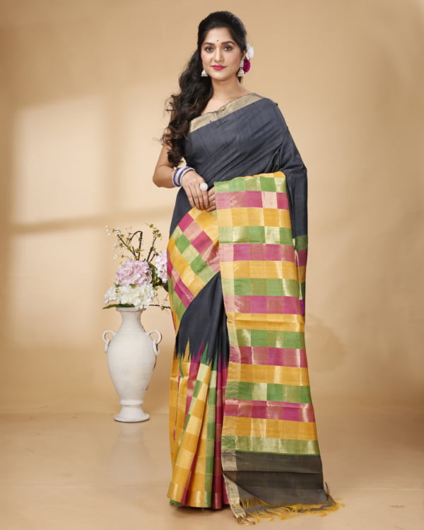 Nakshipar Multicolour Weaved Border and Pallu with Black Tussar saree