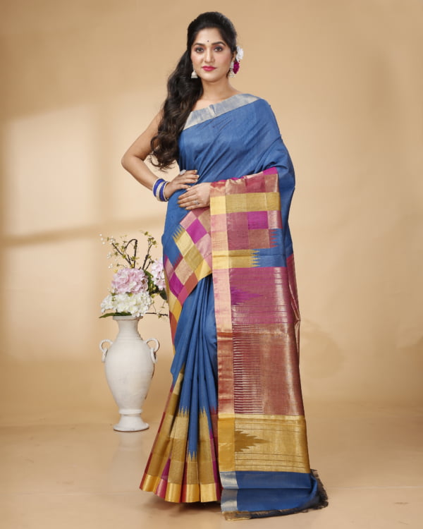 Nakshipar Multicolour weaved Border and Pallu with Blue Base Tussar saree