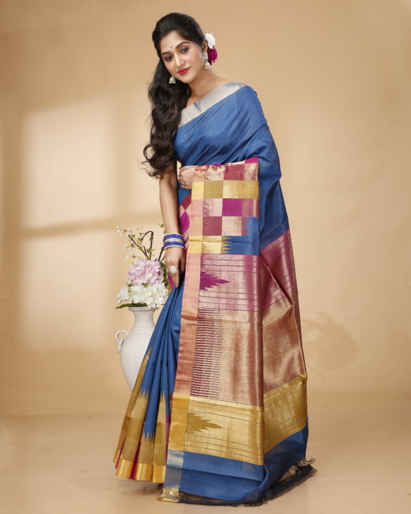 Multicolour Weaved Border and Pallu with Blue Base Tussar Saree