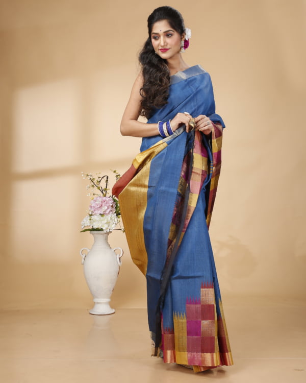 Multicolour Weaved Border and Pallu with Blue Base Tussar Saree