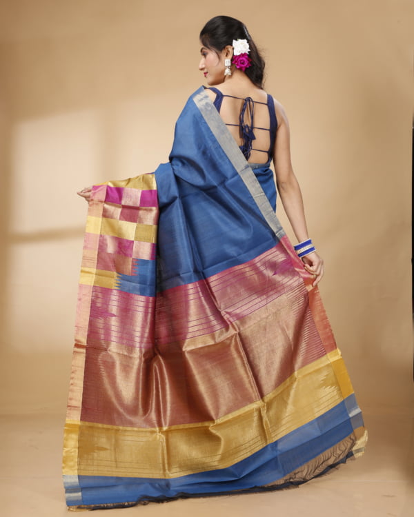 Multicolour Weaved Border and Pallu with Blue Base Tussar Saree