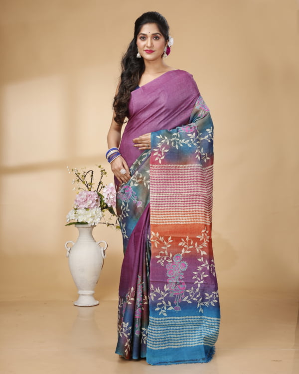 Nakshipar Purple Base Multicolour Floral Desigh Tussar Saree